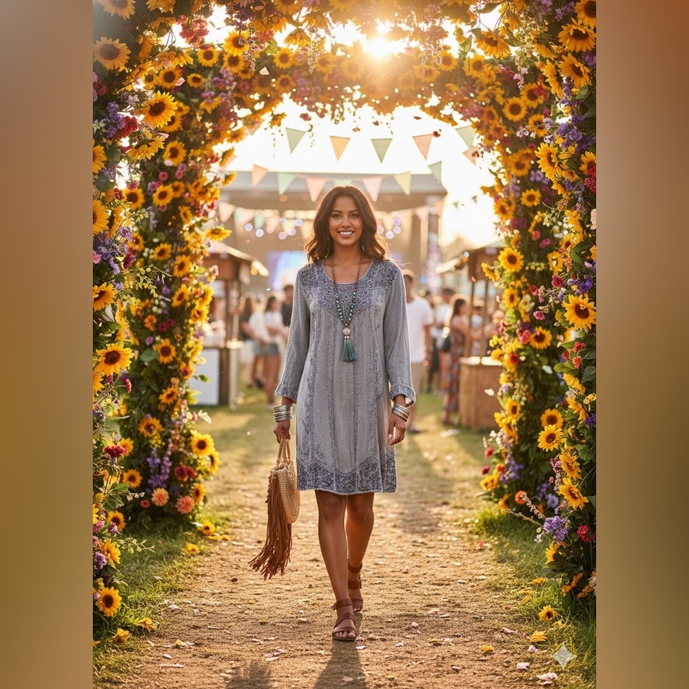 The OM Company Gray Boho Embroidered Floral Festival Flowy Indie Dress Size L/XL